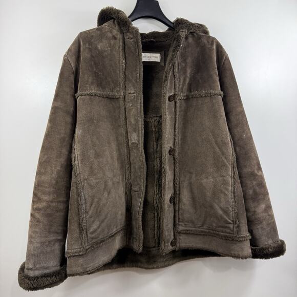 Vintage Jones New York Sport Brown Suede Faux Fur Coat Large Hooded Penny Lane - Picture 15 of 15